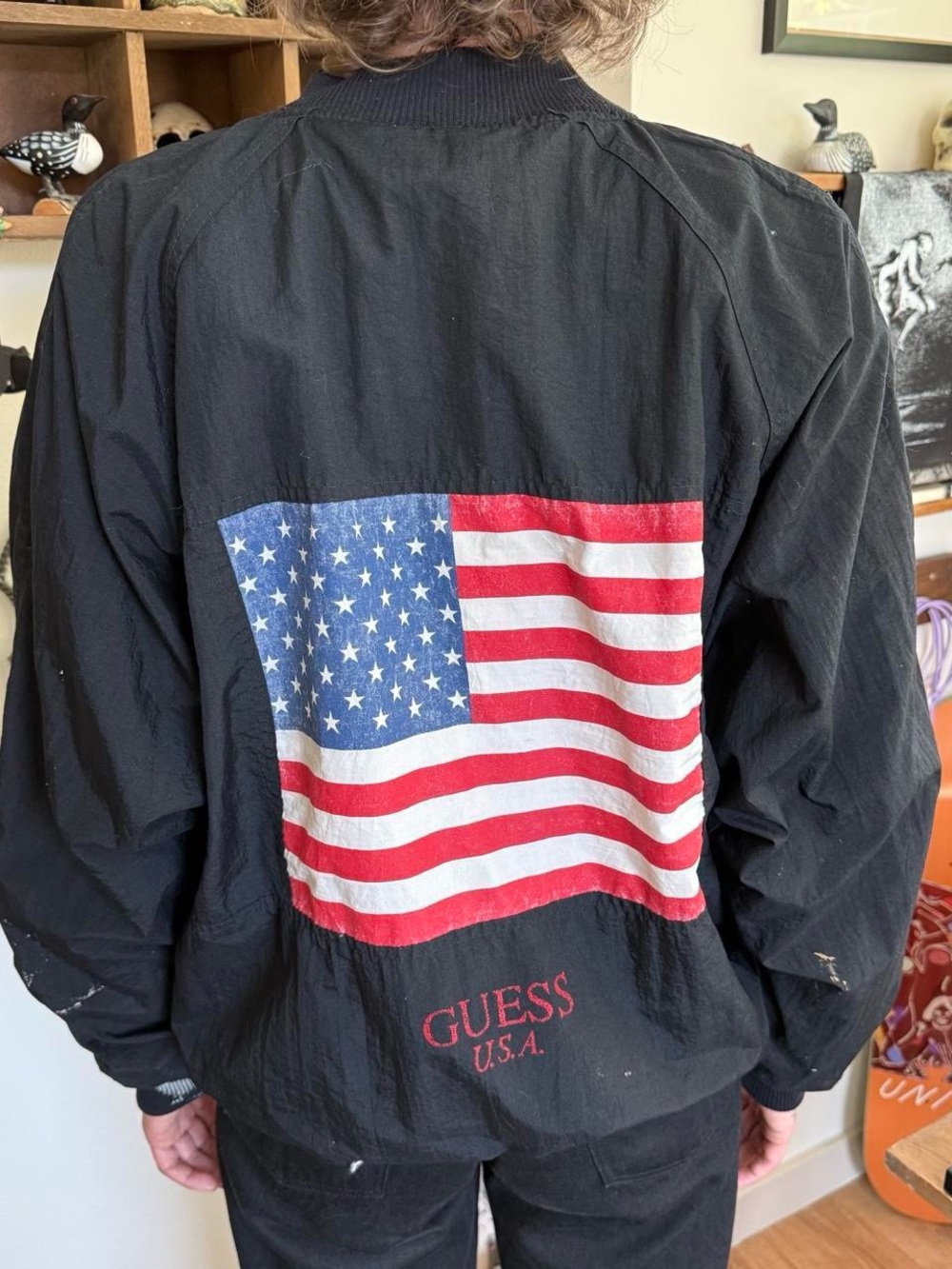 Vintage 80s Guess American Flag Black Boxy Windbreaker Bomber Jacket ~ Size M